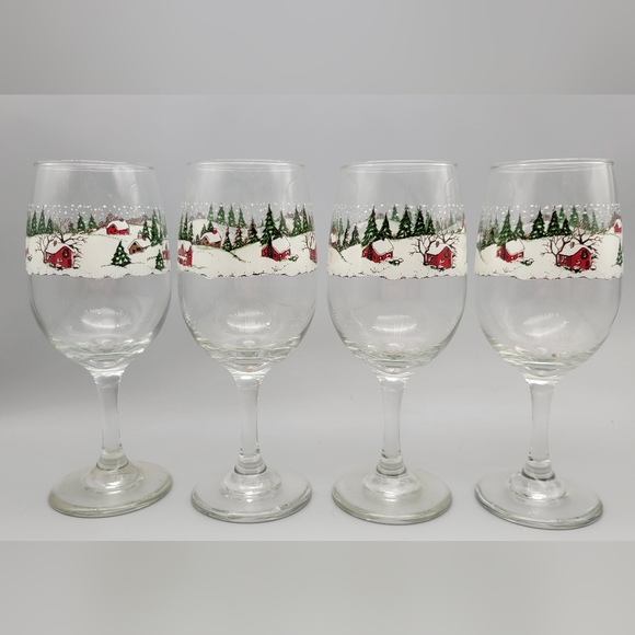 Vintage Winter Village Stemware Holiday Entertaining Water Goblets Wine Glasses - Picture 3 of 8